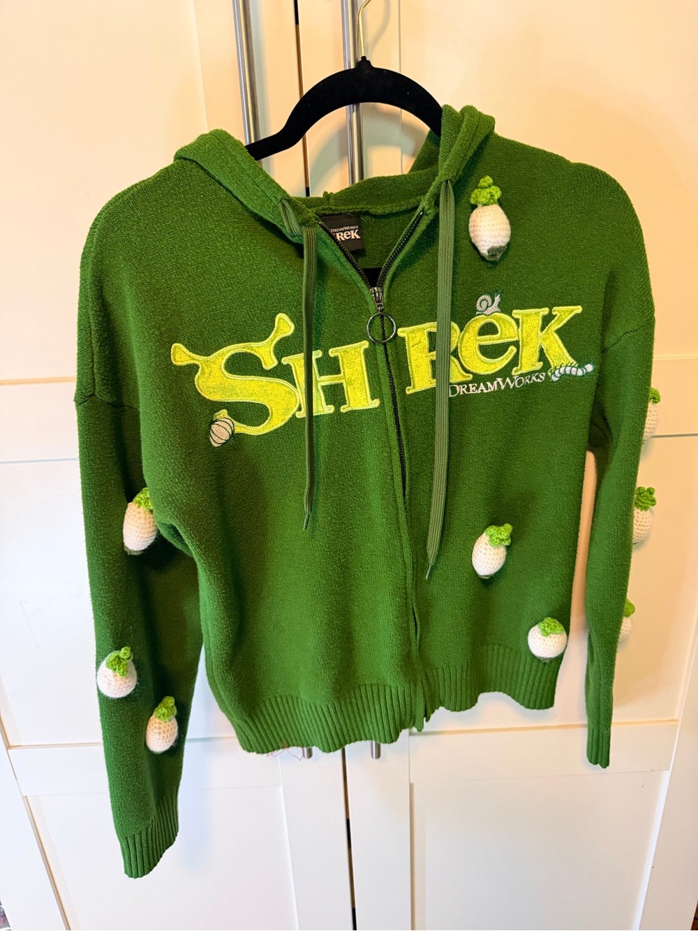 Boxlunch DreamWorks Shrek Green Zip-Up Hooded Cardigan with onion Pom Accents